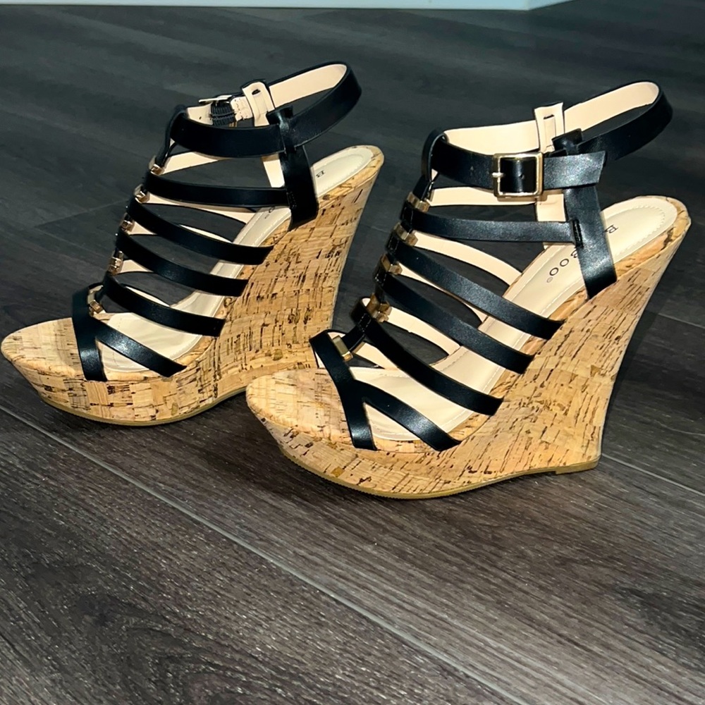 Bamboo black gold metal accent cork wedges espadrille sz 7